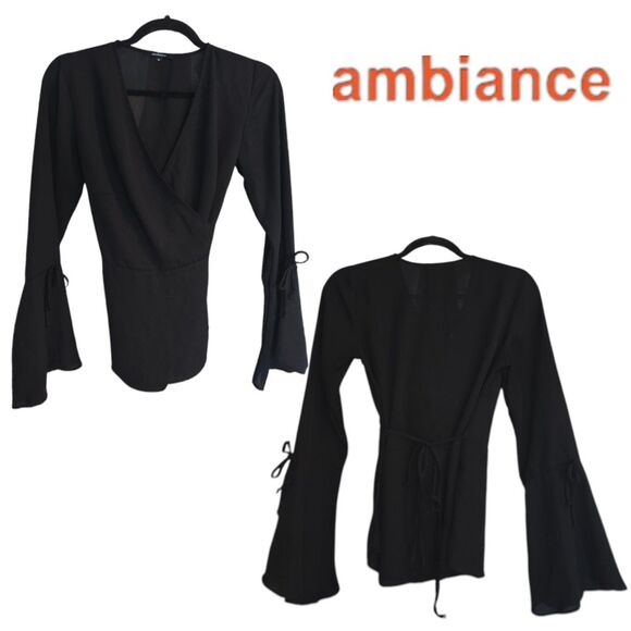 Sheer Black Self Tie Wrap Blouse Poet Sleeves By Ambiance Size Medium - Picture 1 of 3